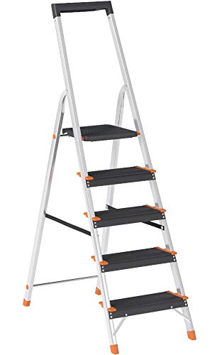 AmazonBasics Folding Step Ladder - 5-Step, Aluminum with Wide Pedal, Silver and Black