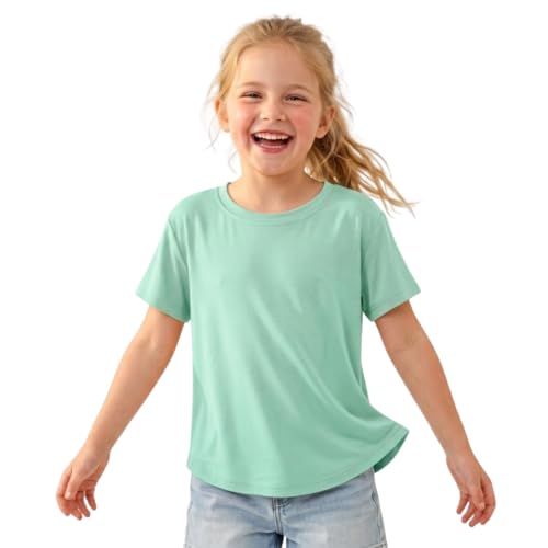 Image of WELAKEN Girls Soft T-Shirt with Curved Hem, Breathable Stretchy Rayon Crewneck Short Sleeve Tees, Kids Everyday Basic Top