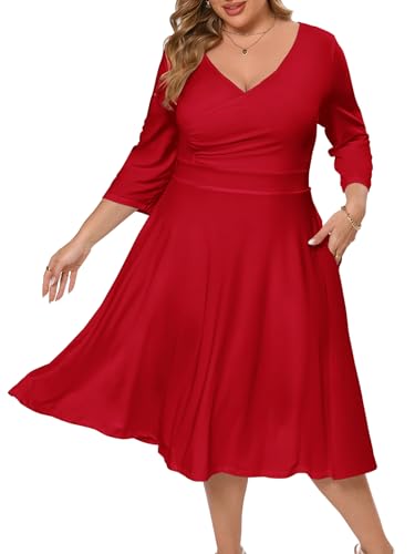 Image of Plus Size Dresses for Women A-Line V-Neck Swing Flowy 3 /4 Sleeve | 3 /4 sleeve,v neck,pockets,casual,cocktail,wedding,holiday,home,work,date party,vacation,outdoor