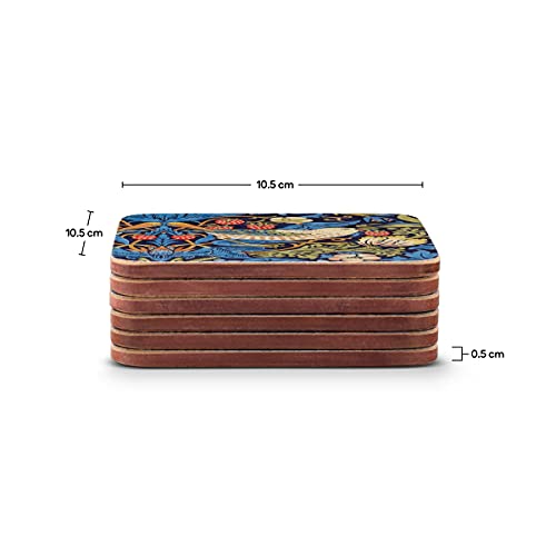 Pimpernel Morris & Co Strawberry Thief Blue Coasters, Set of 6 - Heat & Stain Resistant, Cork Back Drink Mats Featuring Classic Birds & Botanical Design - Minimal Tableware for Hosting