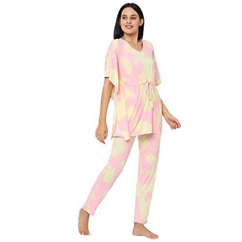 Image of Sweet Dreams Women Tie & Dye V-Neck Flared Sleeve Poly Brush Kaftaan & Pyjama Set