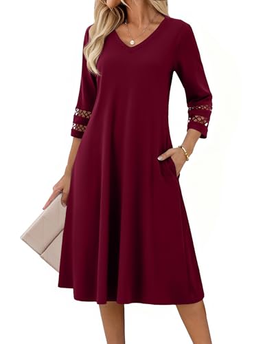 Zeagoo Kleid Damen Elegant 3/4 Ärmel Sommerkleid A Linien Mittellanges Tunika Kleider Spitzenärmeln T-Shirt Kleid mit Taschen Businesskleid Rot M