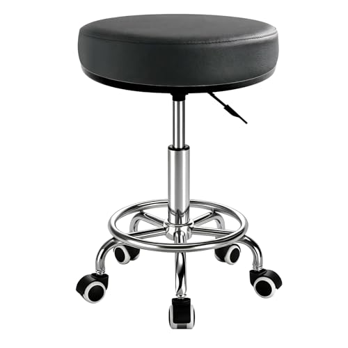 Peonaz Heavy Duty Round Rolling Stool 500lb PU Leather 360-degree Support Full-Edge Cover Layer Drafting Chair with Wheels Height Adjustable Swivel Stool with Footrest 5-min Easy Assembly (Black)
