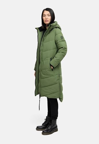 MARIKOO Damen langer Wintermantel warmer Steppmantel mit verstellbarer Kapuze Benikoo Pine Olive Gr. M