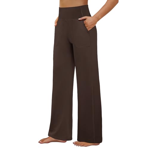 FireSwan Yoga Pants Women Wide Leg Pants High Waist Stretch Dress Loose Casual Lounge Sweatpants with Pockets Brown