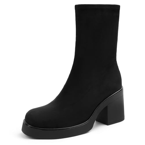 Best Ankle Boots for Plus Size: Stylish & Comfortable Picks 13 Soesyi Women's Square Toe Stretch Mid Boots Calf Slouchy Platform Booties Suede Zip Chunky Block Heeled Sock Ankle Boot Shoes,Size 11,Suede Black