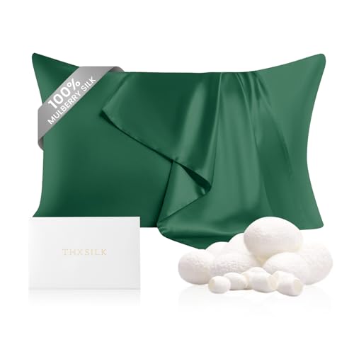 Image of THXSILK 100% Pure Mulberry Silk Pillowcase for Hair and Skin, 6A+ Grade 22 Momme Silk Pillow Case Queen Size 20 inchx30 inch, Real Silk Pillowcase with Zipper, Anti Aging Acne Free (Emerald Green)