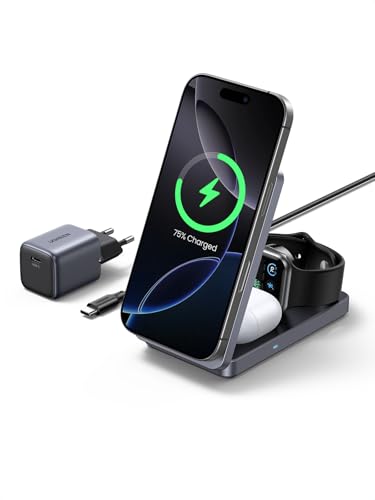 UGREEN MagFlow Qi2 certifierad iPhone laddningsstation 3 i 1, 15W trådlös laddare kompatibel med MagSafe, för iPhone 16,16 Pro, AirPods, Smartwatch, vikbart stativ med 30W laddare
