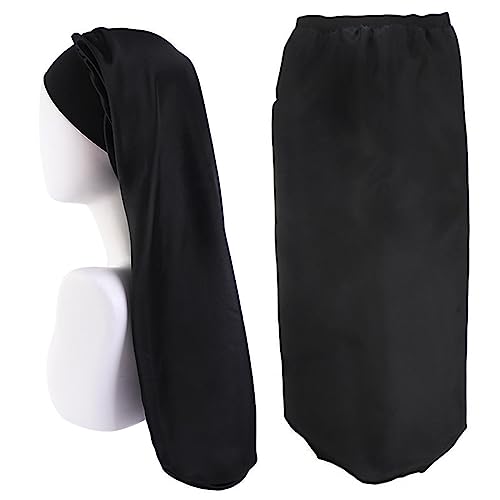 Gorro de Dormir de Satén - Bonnet de Seda para Pelo Rizado, Capó Largo (Negro)
