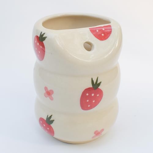 Image of Ceramic Sip Tumbler - Strawberry Flower with Stainless Steel Straw | Aesthetic Tumbler for Cold Coffee, Cold Drinks Perfect for Gifting (200 ml)
