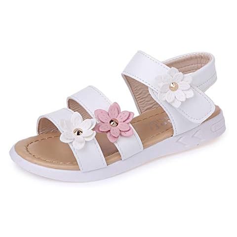 Girls Flat Flower Sandals Leather Open Toe Summer Shoes(White,2 UK Cover