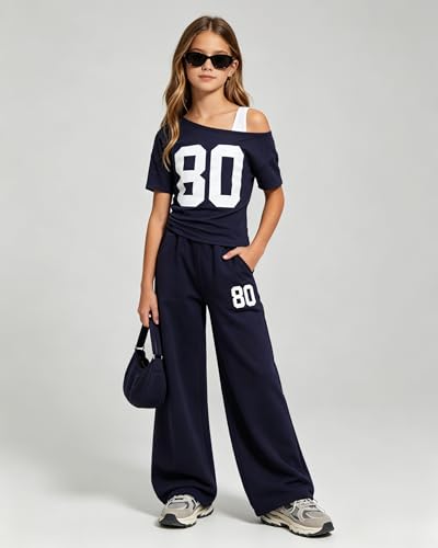 Image of Teen Girls Clothes Off the Shoulder Top and Wide Leg Pants Matching Outfit Set with Pockets Size 7-16