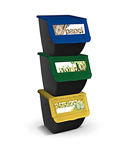 TIENDA EURASIA | Cubos de Basura de Reciclaje con Tapa | Pack 3 Contenedores Apilables de Cocina con Ruedas | Capacidad 36 L | 39 x 39 x 36 cm | Ideal para Organizar Residuos (Negro)