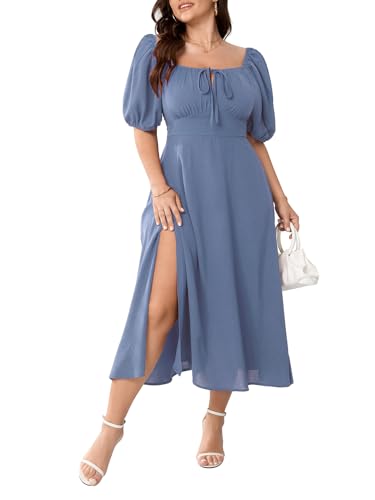 Womens Plus Size Summer Milkmaid Dress Short Sleeve Square Neck Tie Front Split A-Line Maxi Milk Maid Dress Dusty Blue