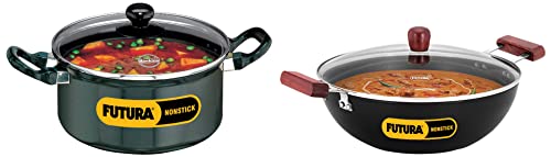 Image of Hawkins Futura 5 Litre Deep Kadhai with Glass Lid, Induction Kadai, Deep Fry Pan & Nonstick Cook-n-Serve Stewpot with Glass Lid, 3 Litre, 20 cm, 3.25 mm (NST30G)