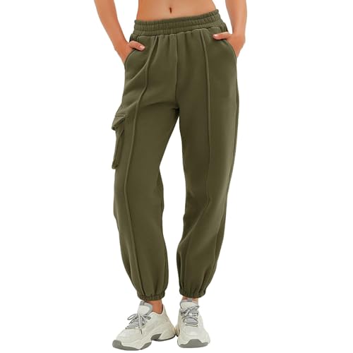 Women's Cinch Bottom Sweatpants Casual High Waisted Athletic Joggers Winter Fall Fashion 2024 Trousers Pockets Army Green