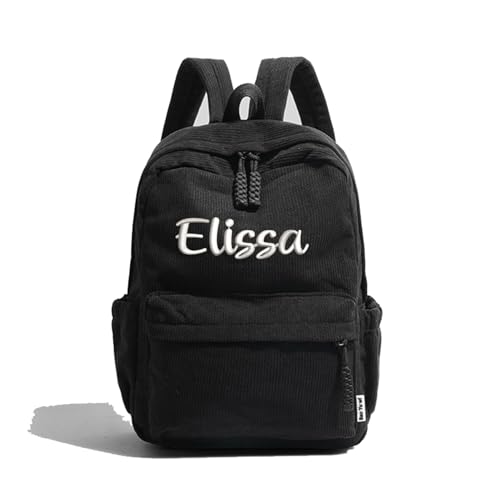 Personalized Backpack Soft Schoolbag shoulder straps Large Capacity Custom Unique Name Embroidered Corduroy Special Design, Black, Large