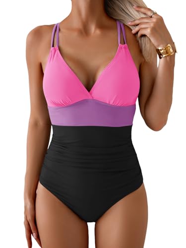 Image of Aidonger Women's One Piece Color Block Swimsuit Tummy Control Slimming Bathing Suit V Neck Cutout High Waisted Swimwear