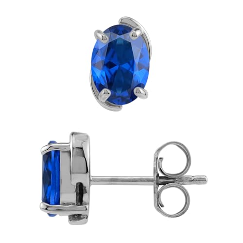 Silvershake Pendientes de tuerca ovalados de 7 x 5 mm, chapados en oro blanco o oro amarillo de 18 quilates, plata de ley 925, para mujer, rodio de plata de ley (chapado en oro blanco), Zafiro azul