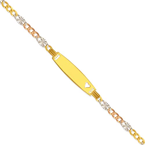 Id Bracelet - Unique Jewelry Gift for Her and Him - Tricolor Figaro Star Heart 14k Gold Bar Bracelets – Free Customizable Personalized Engraving with Name - Brazalete Con Place 14k Oro -Size 6''4