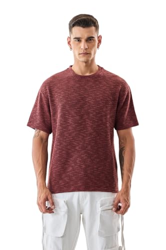 Image of SNITCH Men's T-Shirt | Textured Oversized Crew Neck Design | Premium Polyester Blend Fabric with Waffle Weave | Breathable & Lightweight Casual Wear
