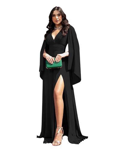 V-Neck Bridesmaid Dresses with Cape Long Chiffon Prom Dresses 2024 Ruched Wedding Guest for Women