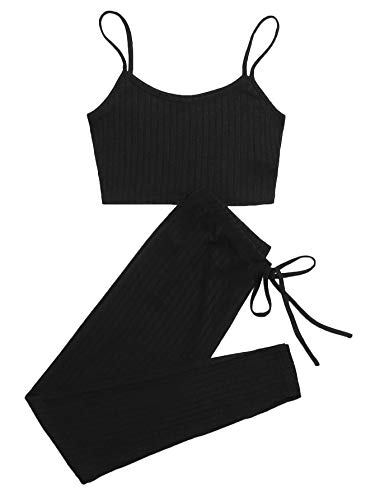 Verdusa Women s 2 Piece Outfits Ribbed Crop Cami Top and Leggings Set Tracksuit Black S