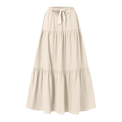 Women's Elastic High Waist A Line Maxi Skirt with Retro Pleated Design Fashion Flared Dress for Casual and Vacation Wear Apricot