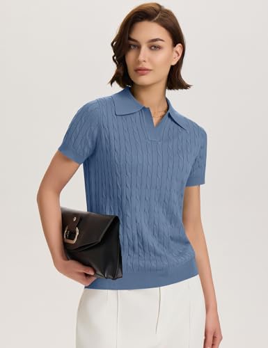Image of Micoson Womens Short Sleeve Sweater Tops Lapel V Neck Polo Shirts 2026 Summer Cable Knit Loose Blouse Business Casual Outfits
