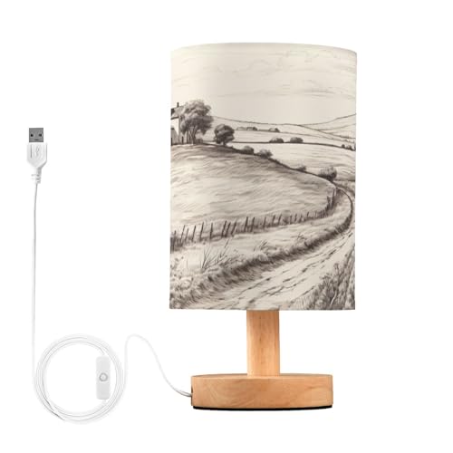 Fuauuyl Lámpara de mesa de campo toscano con puertos de carga USB, lámparas de mesita de noche para dormitorio, lámpara con pantalla redonda de tela de lino para sala de estar, dormitorio