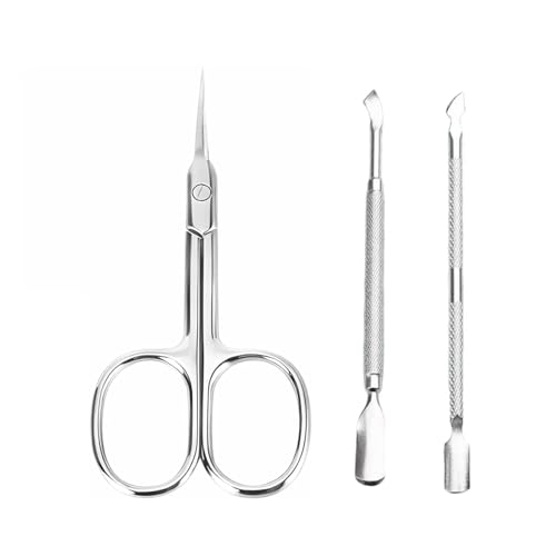 Ciseaux à Cuticules Professionnels + Pousse-Cuticules Double-Fonction (3 Pièces) - Kit Manucure/Pédicure en Acier Inoxydable Anti-Corrosion - Précision Salon (Argent)