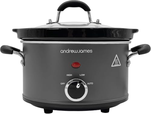 Andrew James 1.5L Slow Cooker - Roast-to-Rest Compact Small Slow Cooker for 12 People with Oven-Proof Ceramic Pot Easy-Clean Design 3 Heat Settings & Glass Lid Make Sauces Soups & Small Meals