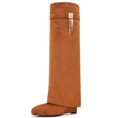 Image of Fold Over Boots for Women Pointy Pull-on Wedge Heel Knee Shark Boot With Side Zipper Padlock Design