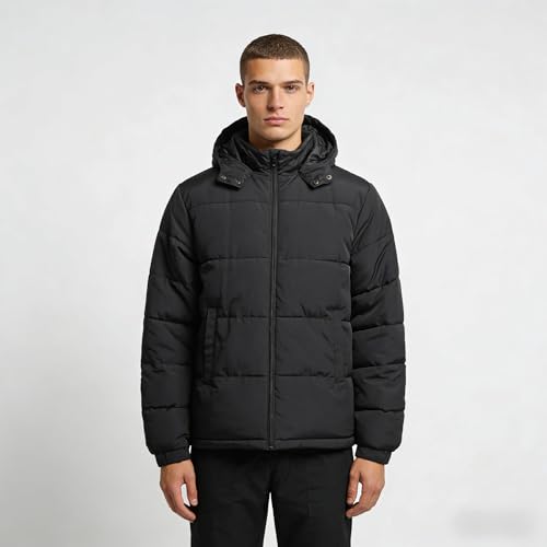 Image of Men's Hooded Puffer Jacket Down Alternative Lightweight Warm Coat Stand Collar Winter Insulated Quilted Coat