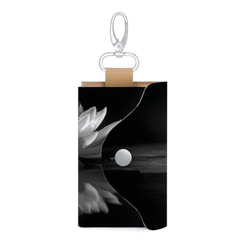 Black And White Water Lily Key Holder Bag PU Leather ID Card Holder Keychains Case Cover for Men Women