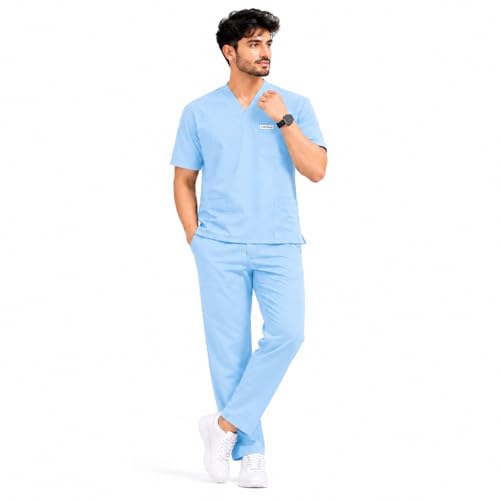 Image of Unisex Medical Scrub Suit Set, V-Neck Top with Pants, Short Sleeve, Polyester Cotton Blend, 7 Pockets, Regular Fit, Hospital Doctor Nurse Uniform