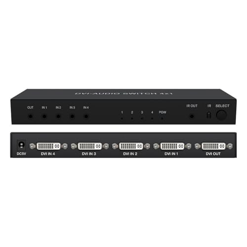 4 Port Automatic DVI Video+3.5mm Audio switcher 4 in 1 Out 2 in 1 Out with IR 1920@1080P 4K30HZ, HD Video Sharer, 4 Way Computer Host Laptop External dvi TV Monitor Projector selector Switch Box