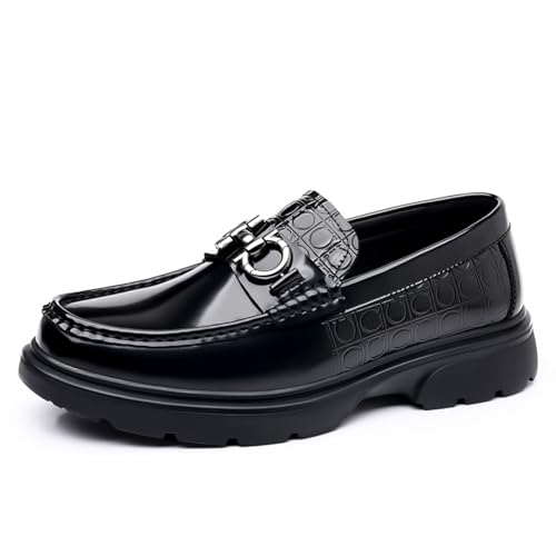 High - end Men's Chunky Platform Loafers, Comfy Slip - On Penny Loafers. Shiny Patent Leather Dressy Shoes for Work, School, Party with Buckle