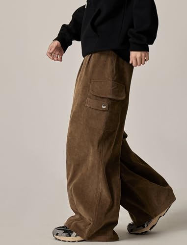ZAFUL Mens Corduroy Pants Baggy Wide Leg Drawstring Elastic Waist Sweatpants Vintage Cargo Pants with Pockets for Streetwear2