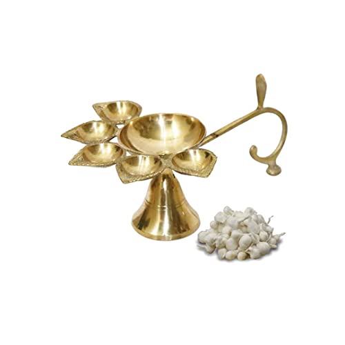 Universal Hub Lámpara de aceite tradicional Latón Metal Diya Indian Puja Aarti Diya Lámpara Decoración hindú Navratri Pooja Artículos Akhand Diya Kuthu Vilakku Diya Set con 50 mechas de algodón gratis Cover