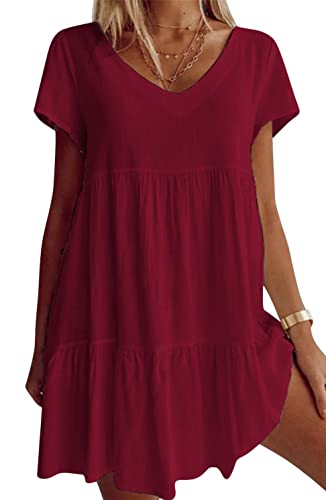 Image of Fangetey Women's V-Neck Tunic Dresses Short Sleeve Button Down Loose Casual Summer Short Flowy Swing Dress