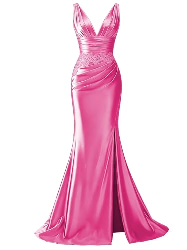 HAIGORO Hot Pink Satin Mermaid Formal Evening Dresses Sleeveless Lace Appliques Prom Dresses Pleated...