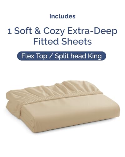 Image of Extra Deep Flex Top Split Head King Fitted Sheet - Hotel Luxury Single Fitted Sheet Only - Easily Fits 18 inch to 24 inch Mattress - Ultra Soft, Wrinkle Free w /Extra Deep Pockets - Cream