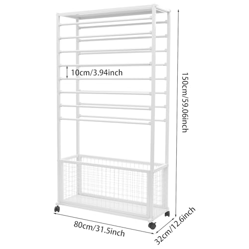Image of CNCEST Double-Sided 16-Layer Ribbon Holder Organizer Rack,Free Standing Mobile Ribbon Holder,Metal Ribbon Stand Organizer Ribbon Storage Shelf for Craft Room,Wrapping Paper (White,31.5x12.6x59.06in)
