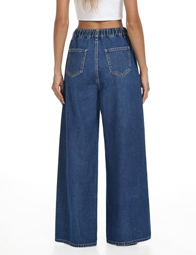 Women's Drawstring Elastic Waist Jeans Wide Leg High Waisted Baggy Straight Leg Jeans Pants with Pockets2
