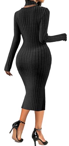 Image of Oxgmoky Women's Church Long Sleeve Sweater Dress Ribbed Bodycon Midi Work