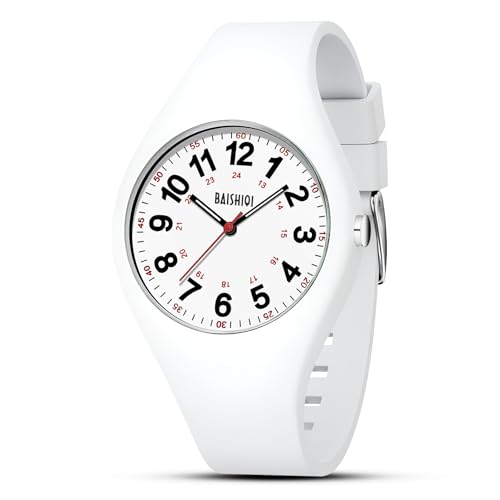 BAISHIOI Orologi Unisex Orologio da Infermiere Analogico Al Quarzo Orologi da Polso Sportivi Impermeabili Luminoso Cinturino in Silicone per Professionisti Medici, Studenti Donne Uomini (All White)