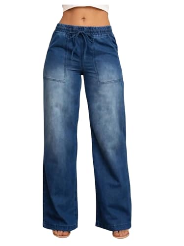 SOLY HUX Women's Drawstring Elastic Waist Jeans Straight Leg Baggy Long Denim Pants