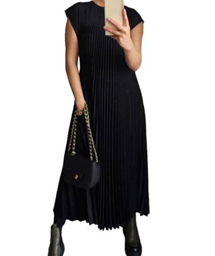 SEMATOMALA Women's Pleated Short Sleeve Maxi Dress Crewneck Loose Fit Flowy Swing Long Dress with Pockets