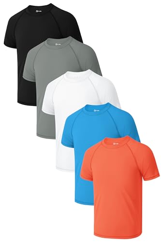 Poroka 5 Pack Boys' Rash Guard Youth Boys UPF 50+ Short Sleeve Neon Swim Shirts Teenage Boy Quick-Dry Water Surf Swim Shirt
